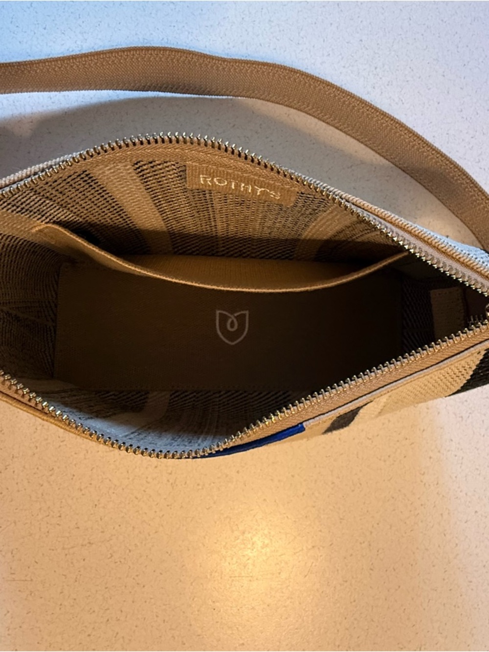 Rothy’s Striped Tan/Black/White Crossbody with Blue Accent Trim - Picture 5 of 5